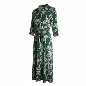 Carre Noir Green Floral Tie-Waist Maxi Button Up Dress